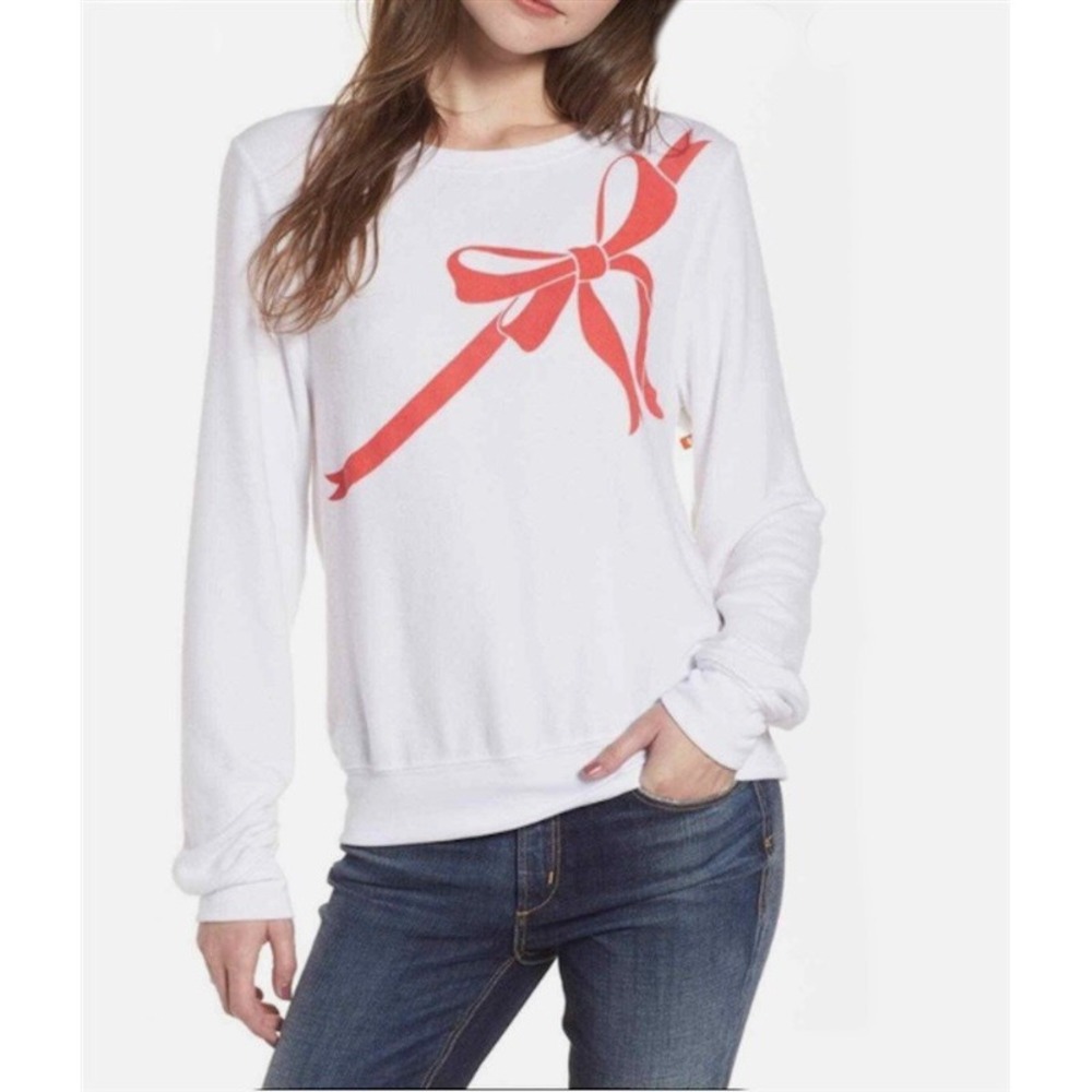 NWT Wildfox S Red Bow Peachy Jersey Knit Sommers Sweater White 116596